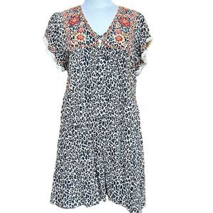 THML Floral Embroidered Leopard Print A-Line Boho Dress Size M - EUC